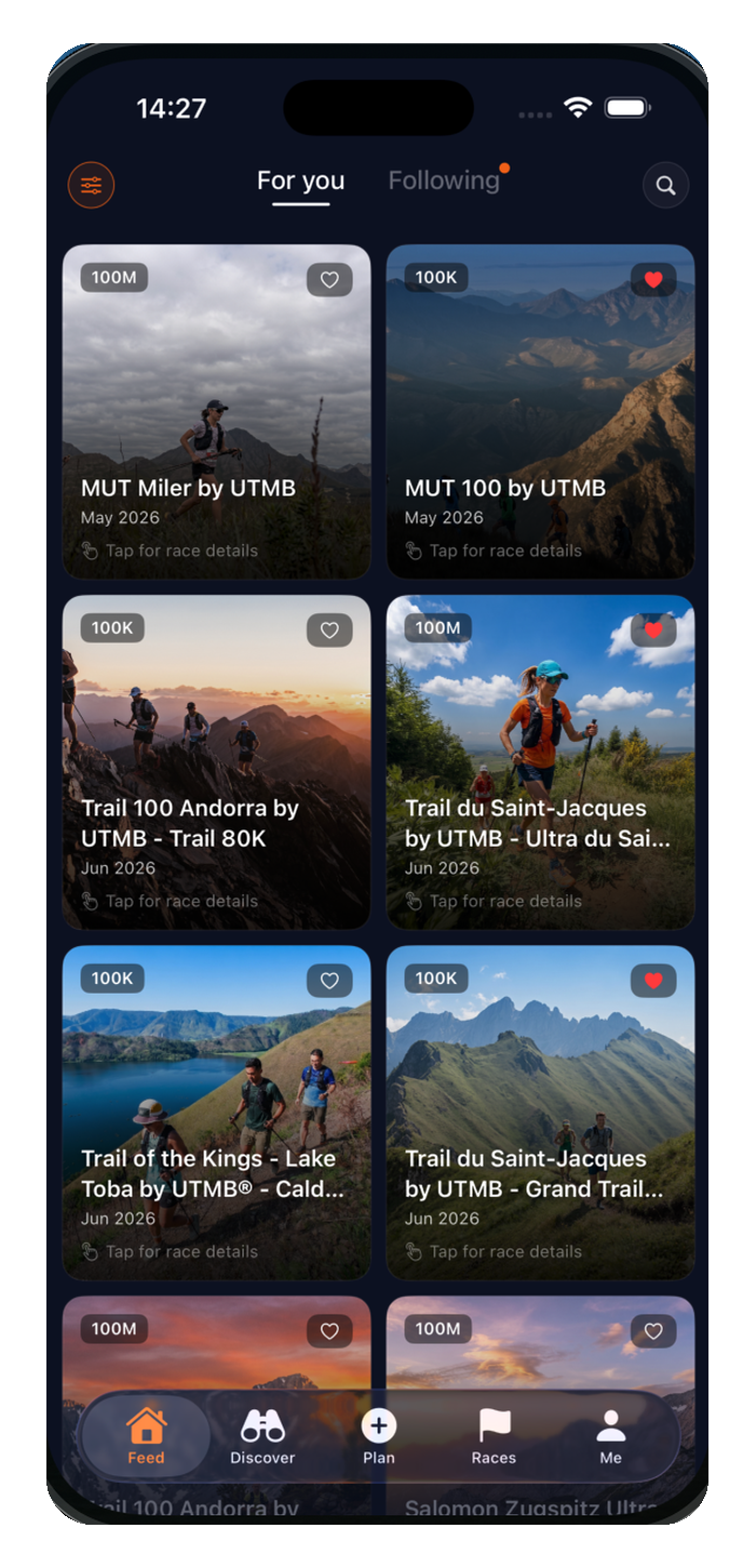 HeyPao For You feed showing curated races worldwide