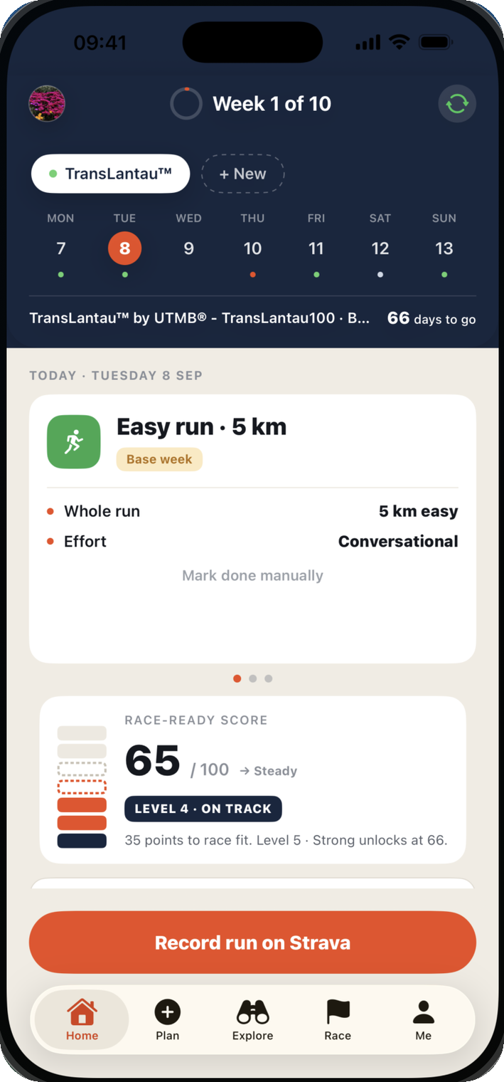 HeyPao home screen: week 1 of 10 of a TransLantau 100 training plan, today's easy 5 km run, and a Race-Ready Score of 65