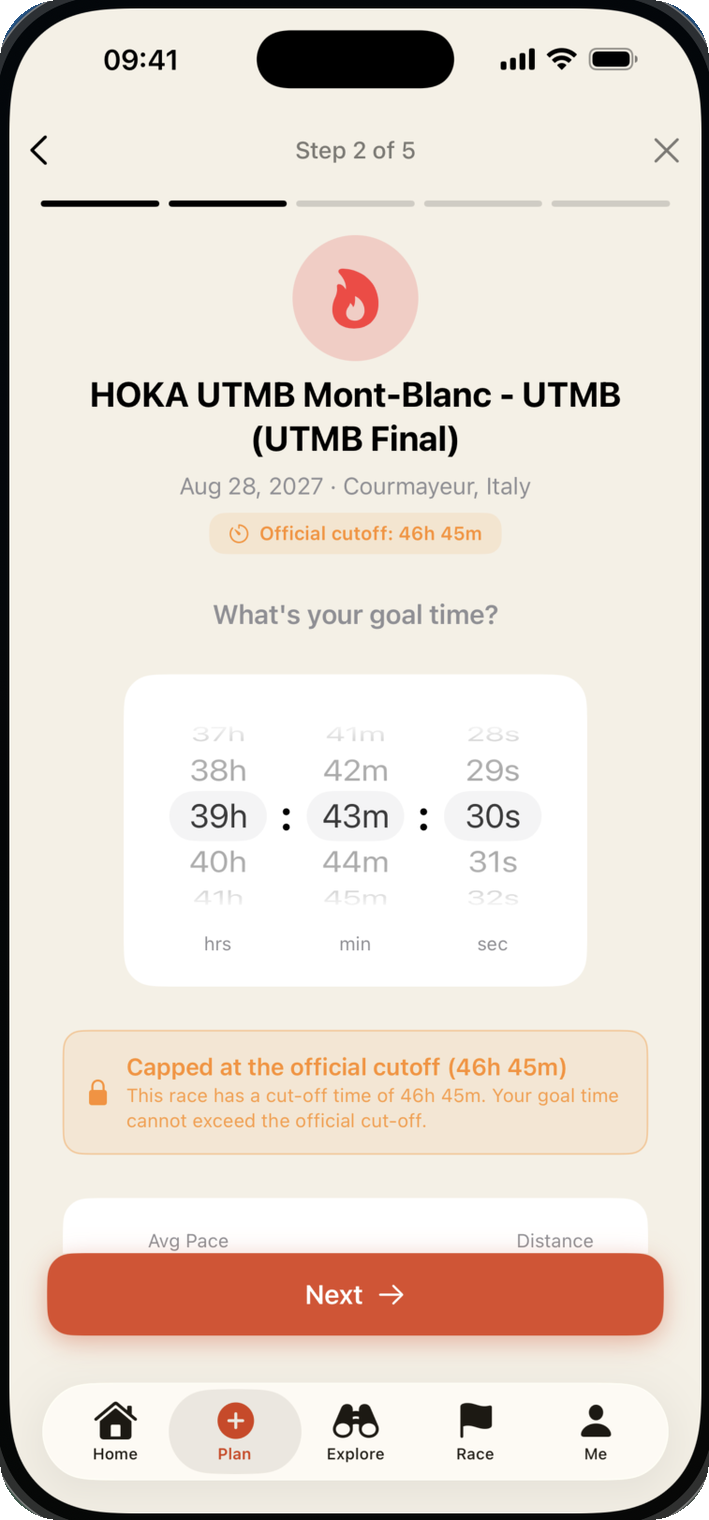 Step 2 of 5. Setting a goal time for UTMB Mont-Blanc, capped at the official 46 hour 45 minute cut-off