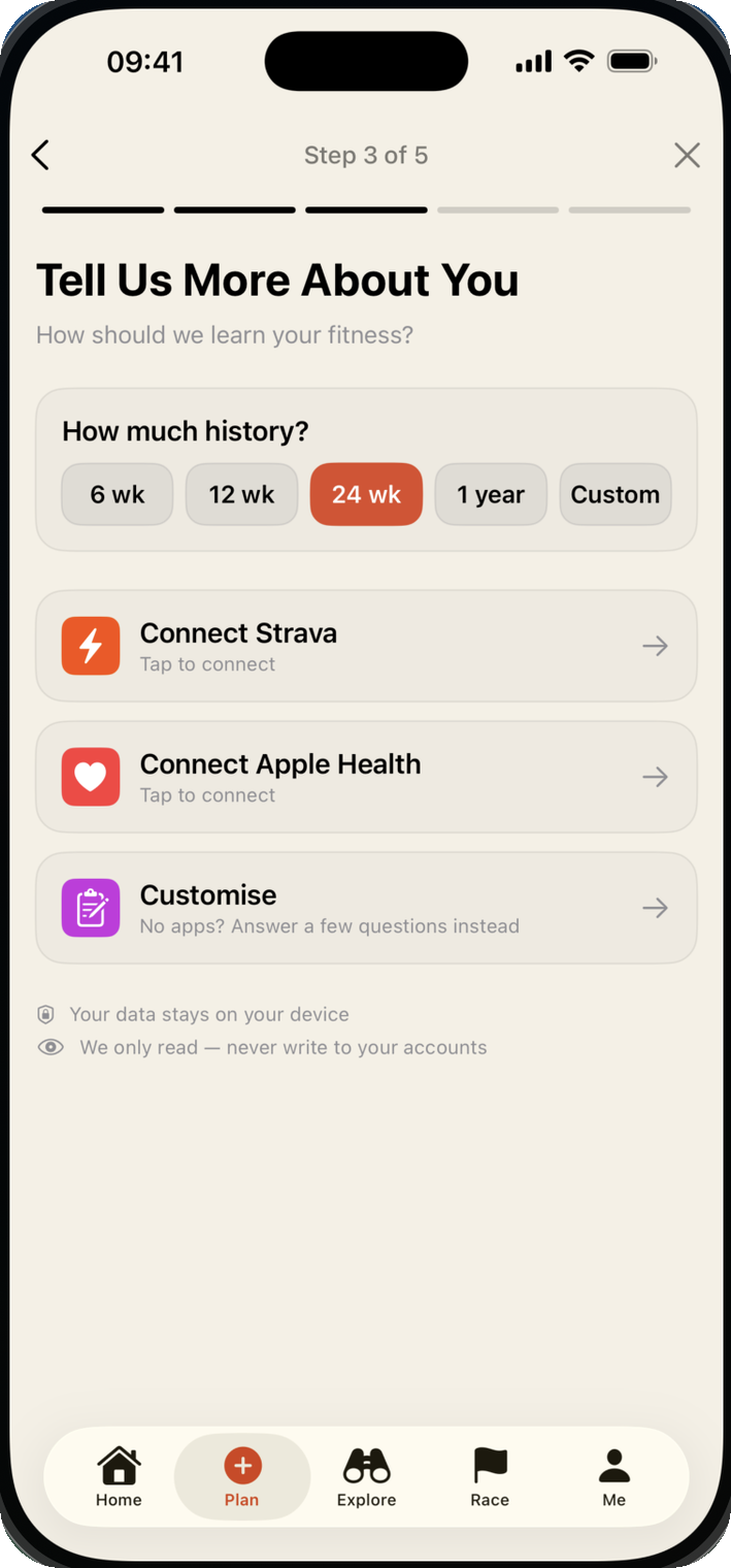 Step 3 of 5. Tell us more about you: how much history to read, connect Strava or Apple Health