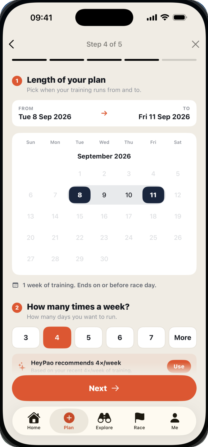 Step 4 of 5. Plan start and end dates and how many days a week you run